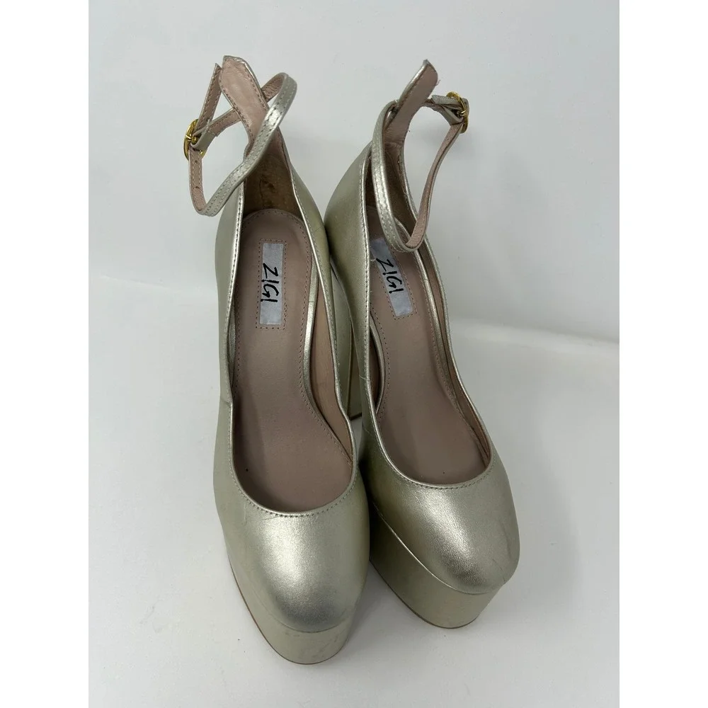 Zigi Womens Nicole Metallic Gold Platform Pumps Ankle Strap Block Heel Size 7